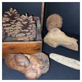 Collection of Driftwood and Pine Cones with Rustic Wooden Caddy