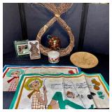 Vintage Kitchen Decor Lot with Linens, Wood Plaque, Ceramic and Glass Accents