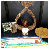 Vintage Kitchen Decor Lot with Linens, Wood Plaque, Ceramic and Glass Accents