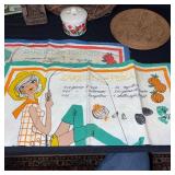 Vintage Kitchen Decor Lot with Linens, Wood Plaque, Ceramic and Glass Accents