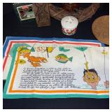 Vintage Kitchen Decor Lot with Linens, Wood Plaque, Ceramic and Glass Accents