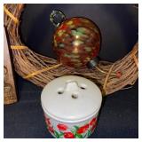 Vintage Kitchen Decor Lot with Linens, Wood Plaque, Ceramic and Glass Accents