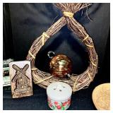 Vintage Kitchen Decor Lot with Linens, Wood Plaque, Ceramic and Glass Accents