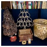 Lot of Wicker Baskets, Pinecone Tree, Wooden Tree, and Decorative Home Accents