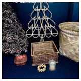 Lot of Wicker Baskets, Pinecone Tree, Wooden Tree, and Decorative Home Accents