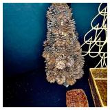 Lot of Wicker Baskets, Pinecone Tree, Wooden Tree, and Decorative Home Accents