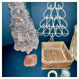 Lot of Wicker Baskets, Pinecone Tree, Wooden Tree, and Decorative Home Accents