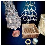 Lot of Wicker Baskets, Pinecone Tree, Wooden Tree, and Decorative Home Accents