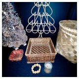 Lot of Wicker Baskets, Pinecone Tree, Wooden Tree, and Decorative Home Accents