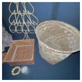 Lot of Wicker Baskets, Pinecone Tree, Wooden Tree, and Decorative Home Accents