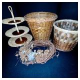 Lot of Wicker Baskets, Pinecone Tree, Wooden Tree, and Decorative Home Accents