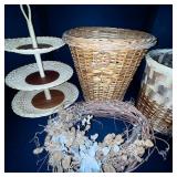 Lot of Wicker Baskets, Pinecone Tree, Wooden Tree, and Decorative Home Accents