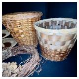 Lot of Wicker Baskets, Pinecone Tree, Wooden Tree, and Decorative Home Accents