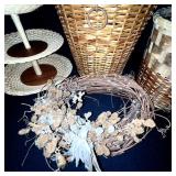 Lot of Wicker Baskets, Pinecone Tree, Wooden Tree, and Decorative Home Accents