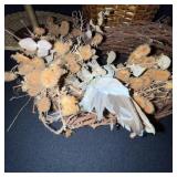Lot of Wicker Baskets, Pinecone Tree, Wooden Tree, and Decorative Home Accents