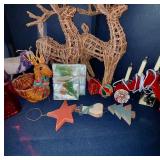 Collection of Holiday Decor Including Wicker Reindeer and Christmas Ornaments