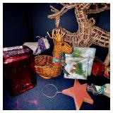 Collection of Holiday Decor Including Wicker Reindeer and Christmas Ornaments