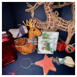 Collection of Holiday Decor Including Wicker Reindeer and Christmas Ornaments