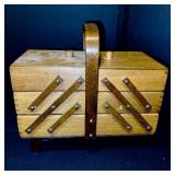 Vintage Wooden Accordion Sewing Box with Handle and Contents