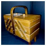 Vintage Wooden Accordion Sewing Box with Handle and Contents