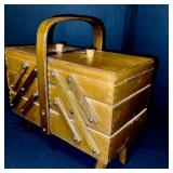 Vintage Wooden Accordion Sewing Box with Handle and Contents