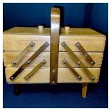 Vintage Wooden Accordion Sewing Box with Handle and Contents