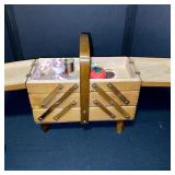 Vintage Wooden Accordion Sewing Box with Handle and Contents