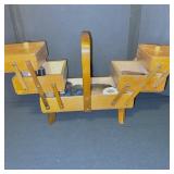 Vintage Wooden Accordion Sewing Box with Handle and Contents