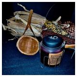 Rustic Fall Home Decor Set with Basket, Pinecones, Indian Corn, and Blueberry Muffin Jar