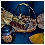 Rustic Fall Home Decor Set with Basket, Pinecones, Indian Corn, and Blueberry Muffin Jar