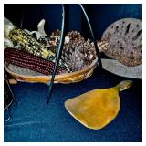 Rustic Fall Home Decor Set with Basket, Pinecones, Indian Corn, and Blueberry Muffin Jar