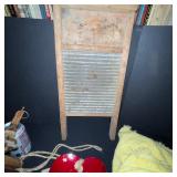 Vintage Washboard, Bag of Clothespins, Wooden Whirligig, Heart Wall Decor, and Mesh Sweater Dryer Set
