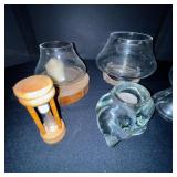 Collection of Vintage Glass Vases and Candle Holders with Hourglass Timer