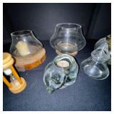 Collection of Vintage Glass Vases and Candle Holders with Hourglass Timer