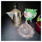 Vintage Collectibles Lot: Silver Pitcher, Porcelain Vase, Stein, Cut Glass Dish, Souvenir Cup