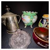 Vintage Collectibles Lot: Silver Pitcher, Porcelain Vase, Stein, Cut Glass Dish, Souvenir Cup