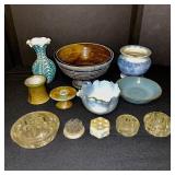 Collection of Pottery and Glass Flower Arrangers, Bowls, and Vases