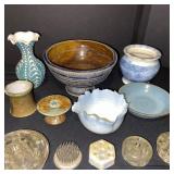Collection of Pottery and Glass Flower Arrangers, Bowls, and Vases