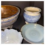 Collection of Pottery and Glass Flower Arrangers, Bowls, and Vases