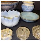 Collection of Pottery and Glass Flower Arrangers, Bowls, and Vases