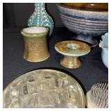 Collection of Pottery and Glass Flower Arrangers, Bowls, and Vases