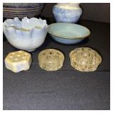 Collection of Pottery and Glass Flower Arrangers, Bowls, and Vases