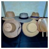 Collection of 3 Straw Hats and 2 Woven Hand Fans
