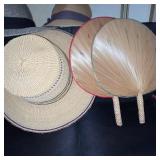 Collection of 3 Straw Hats and 2 Woven Hand Fans