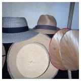 Collection of 3 Straw Hats and 2 Woven Hand Fans