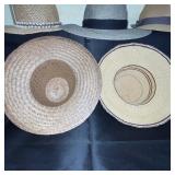 Collection of 3 Straw Hats and 2 Woven Hand Fans