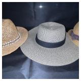 Collection of 3 Straw Hats and 2 Woven Hand Fans