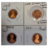 2008-S Lincoln Proof, 2009-D Lincoln Cent, 2010-S Lincoln Cent Proof, and 2011-S Lincoln Cent Proof.
