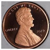2018-S Lincoln Cent Proof, two 2019-S Lincoln Cent Proofs, and 2022-S Shield Reverse Lincoln Cent Proof.