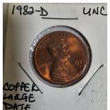 1982-D UNC Copper Large Date, 1960-D UNC Large Date, 1960-D MS-64, and a Small Date Lincoln cent